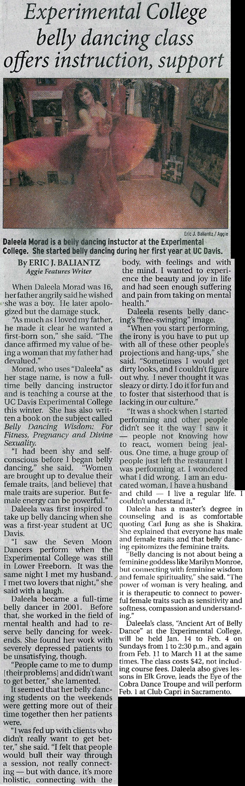 Review of Sacramento Belly Dance Instructor and Author Daleela Morad, by Eric J. Baliantz of the Davis Aggie